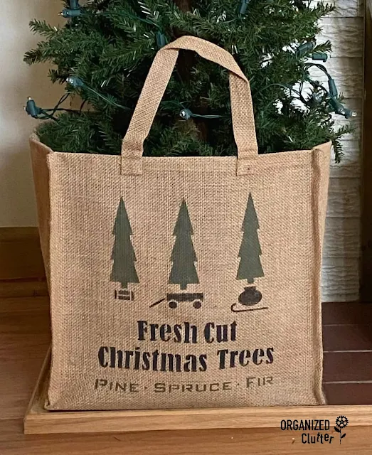 A Stenciled Burlap Tree Tote And The Christmas Trees Mantel