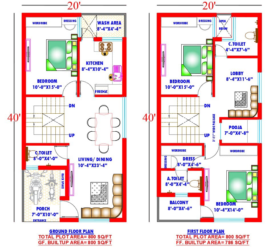 20 x 40 3bhk house plan