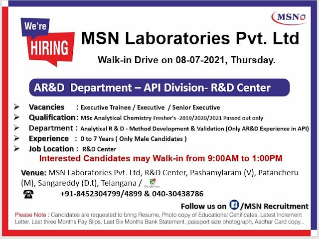 Job Availables, MSN Laboratories Walk-In Interview for Freshers & Experienced in Analytical R&D - 100 Openings