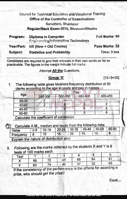Statistics and Probability - Questions Papers CTEVT | Diploma in Computer Engineering/IT