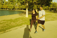 couple walk at Lake Balboa LA CA