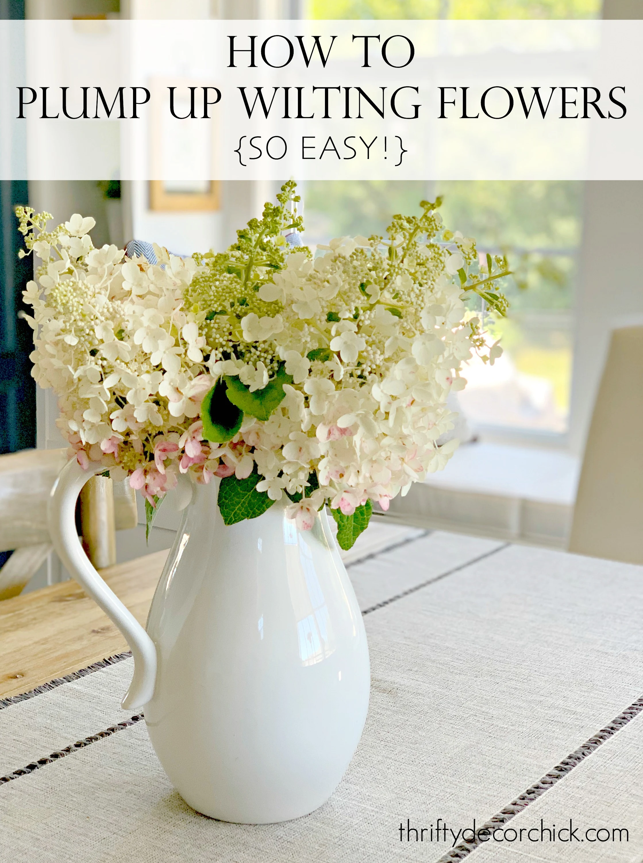 white hydrangeas in white vase