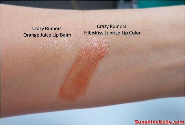 Crazy Rumors, orange juice lip balm, lip balm, hibiskiss lip color, lip color, product review, hi shop, color swatch