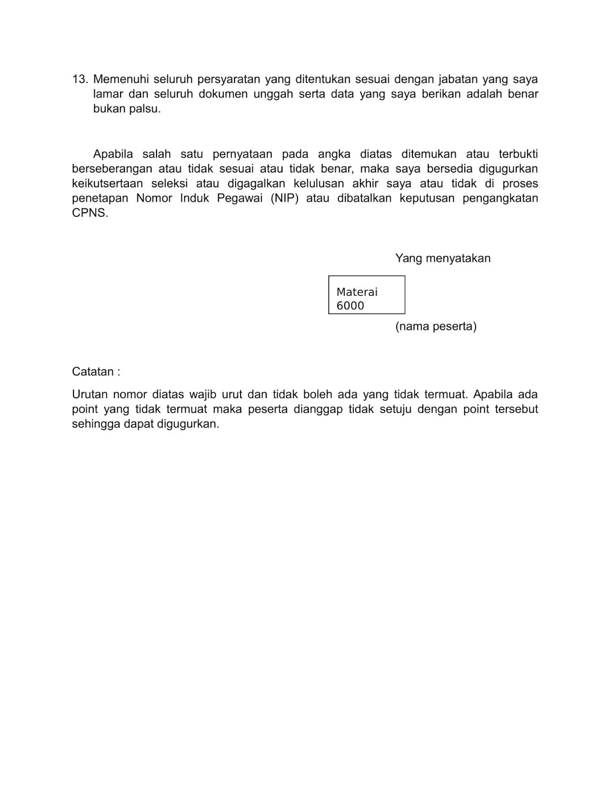 Contoh Format Surat Pernyataan CPNS Kementerian Hukum dan HAM Tahun 2019