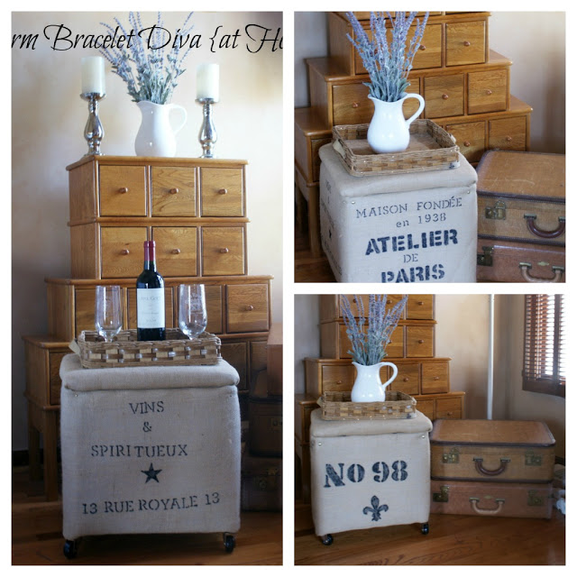 DIY stenciled burlap storage ottoman