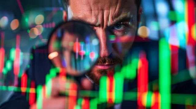 A man with an magnifying glass looking at the stock market