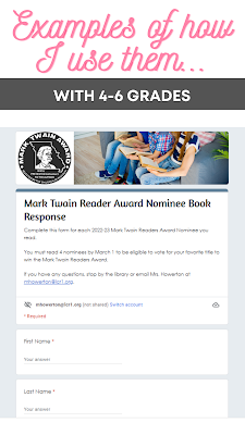 Example of how I use a Google Forms Header for MO Reader Award Nominees with fourth through sixth grades