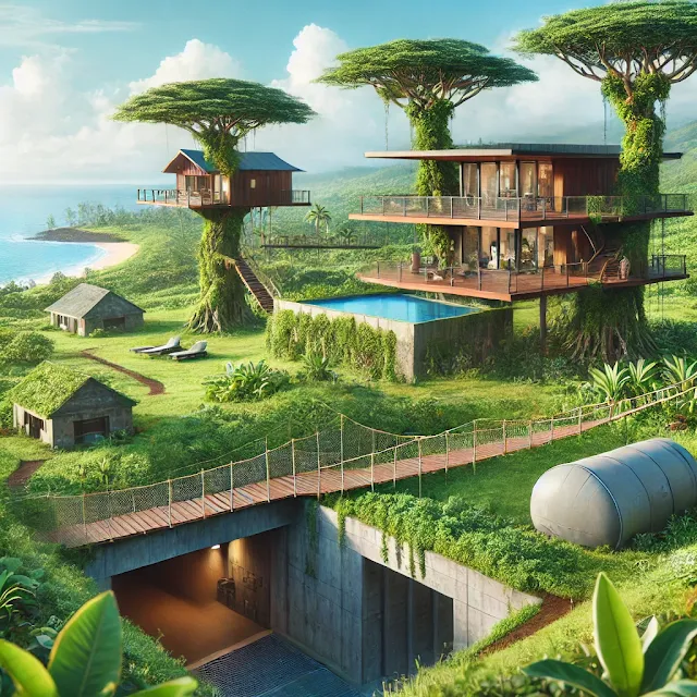 Hawaiian ranch with modern structures, treehouses connected by rope bridges, and a subtly integrated underground entrance.