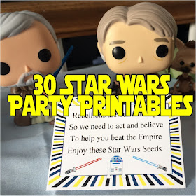 Don't panic! Throw a Star Wars party tonight with these awesome downloadable, printable Star Wars party decorations, party treats, and party favors.  You'll be the star of the galaxy with very little time and effort.