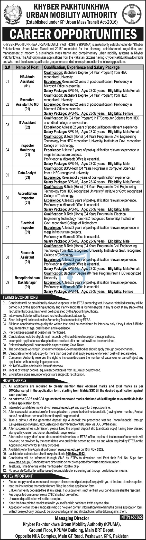 Govt Jobs At KP Urban Mobility Authority 2022