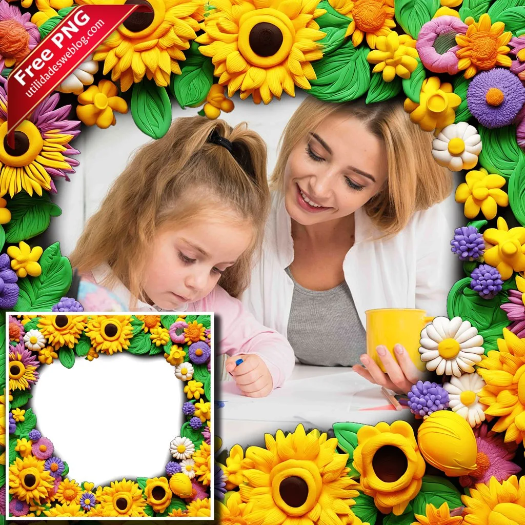 marco para fotos con flores de plastico o plastilina en png con fondo transparente para descargar gratis
