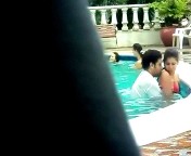Horny couple fucking in the pool with people around voyeur MMS