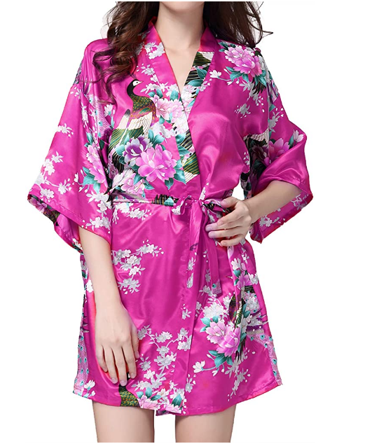 Women's Satin Kimono Robe Floral Print Bridemaids Nightgown Bath Robe Lingerie Sleepwear