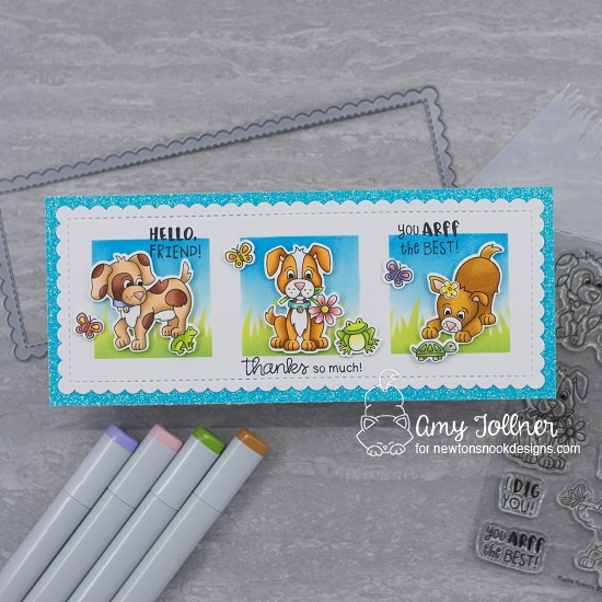 Thanks so much by Amy features Slimline Frames & Portholes, Masking Circles & Squares, Hills & Grass, Puppy Friends, Newton's Rainy Day, Woodland Spring, and Daffodils by Newton's Nook Designs; #inkypaws, #newtonsnook, #puppycards, #cardmaking, #thankyoucards