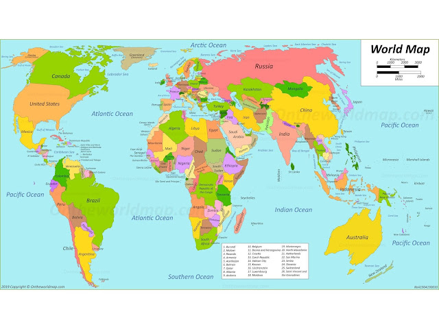 world map with countries and cities