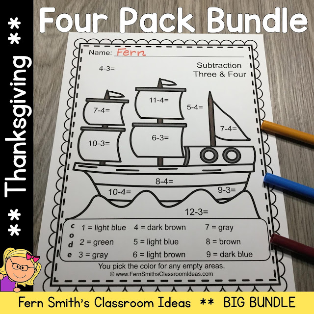 Thanksgiving Color By Number Addition, Subtraction, Multiplication, and Division Printable Worksheets Resource BUNDLE by #FernSmithsClassroomIdeas