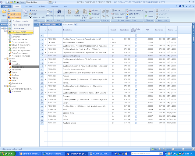 Opus Planet 001 Configurar Mano de obra Factor de salario real FASAR