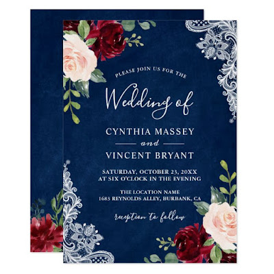  Burgundy Blush Floral Lace Navy Blue Wedding Invitation