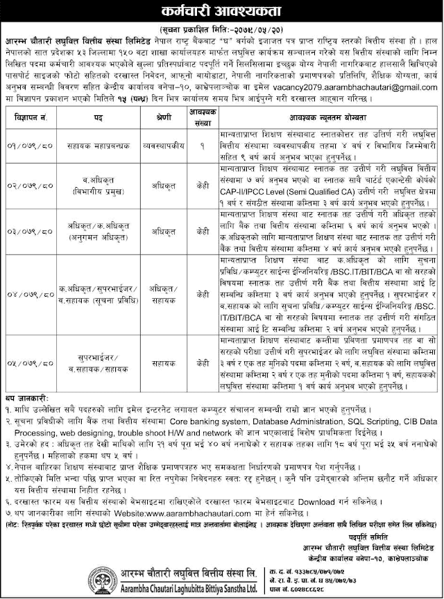 Vacancy from Aarambha Chautari Laghubitta for Various Positions | Freshers can Apply