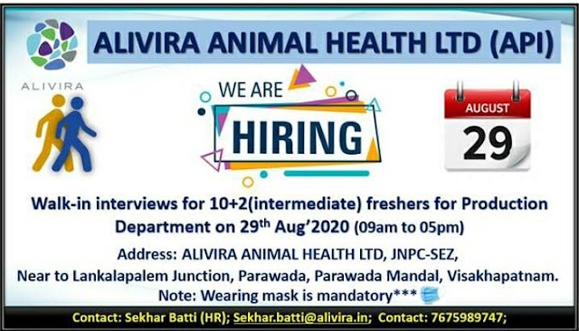 Alivira Animal Health | Walk-in interview 10+2 Freshers on 29 Aug 2020