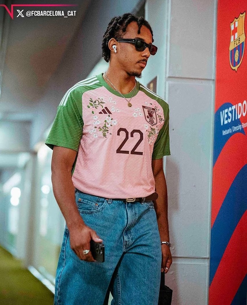 Jules Kounde Wears Pink Adidas Japan Football Shirt Ahead of Barcelona ...