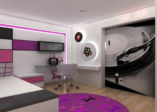 DORMITORIO PARA NIÑAS EN COLORES BLANCO FUCSIA NEGRO CON MURAL ADHESIVO