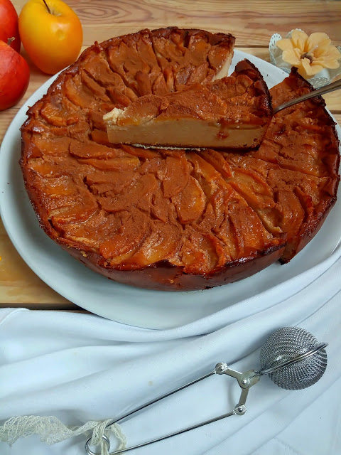 Receta de tarta flan de manzana, canela, postre, merienda, pastel, fácil, rico, con horno, Cuca