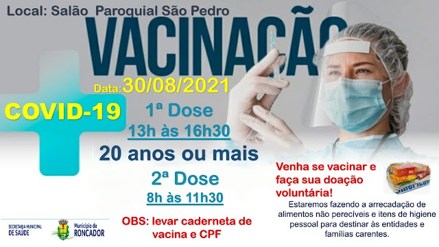 Confira a programação de vacinação para esta segunda-feira 30 de agosto em Roncador