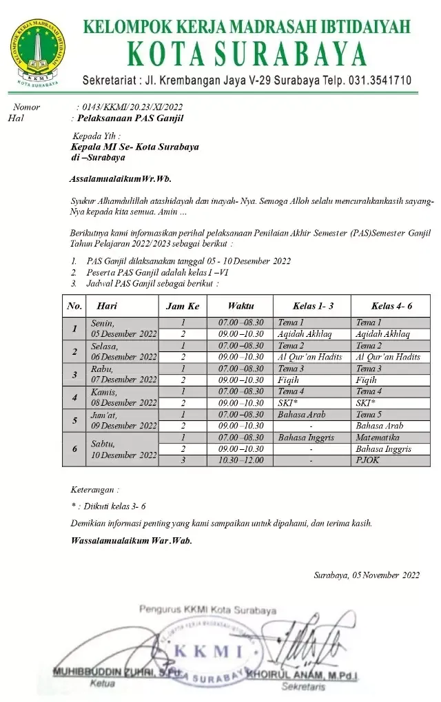 Jadwal Penilaian Akhir Semester (PAS) 2022-2023 MI AL AMIN