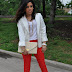 Red Skinnies & White Blazer