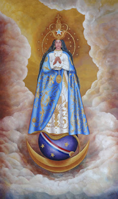 La Virgen de los Milagros de Caacupe sobre el cuarto creciente de la Luna y el globo terraqueo.