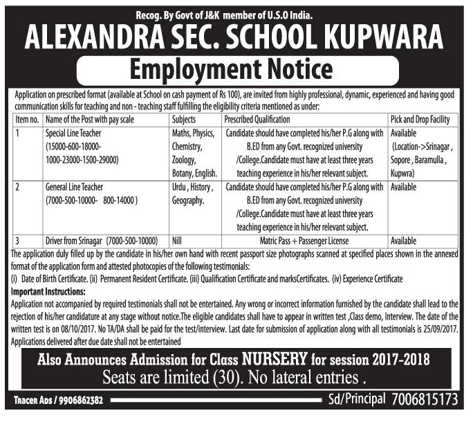 Alexandra Secondary School Kupwara has job vacancies