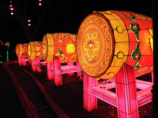 Gold, Red, and Pink Giant Illuminated Drum Sculptures