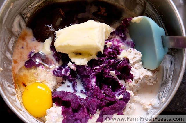 mixing up the purple sweet potato muffin batter