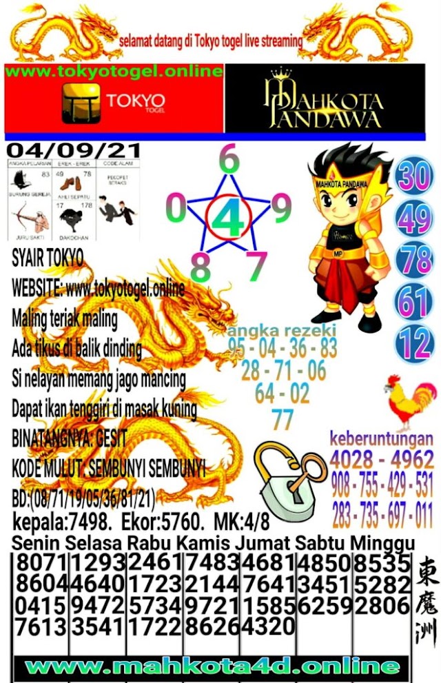 Syair Prediksi Tokyo Togel Sabtu, 04 - September - 2021