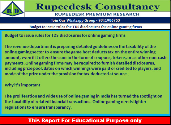 Budget to issue rules for TDS disclosures for online gaming firms - Rupeedesk Reports - 28.12.2022