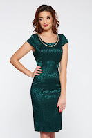 Rochie verde-inchis eleganta tip creion din jaquard