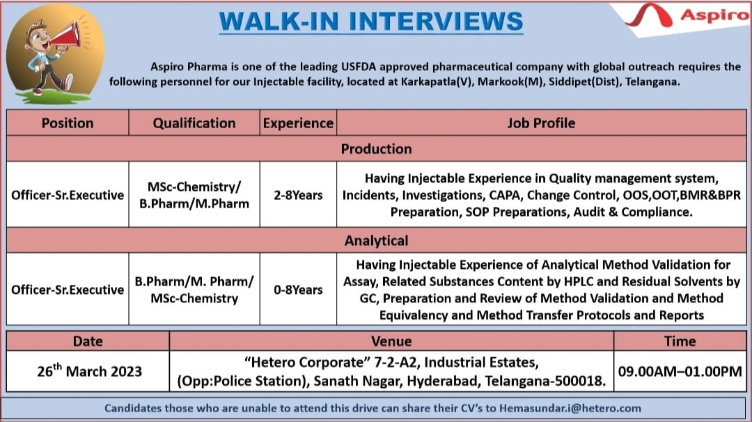Job Availables, Aspiro Pharma Ltd Walk In Interview For Fresher In Production/ Analytical Department