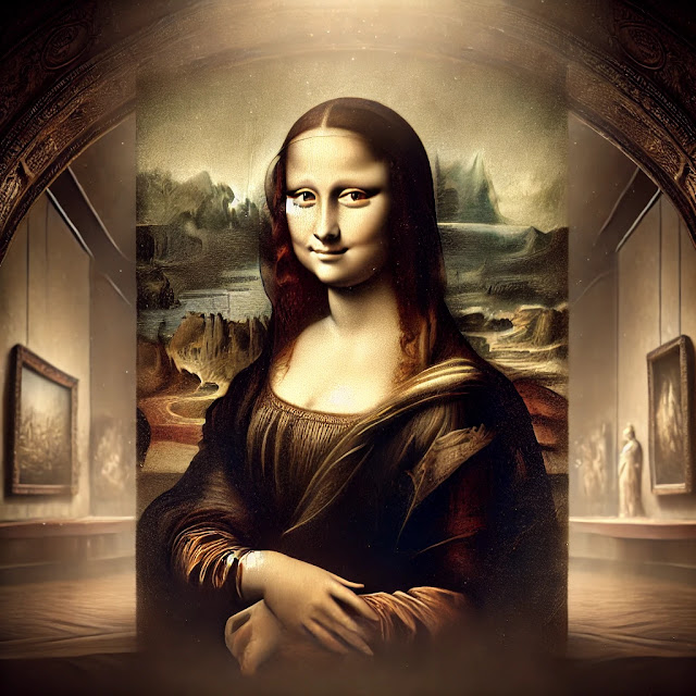An elegant depiction of the Mona Lisa displayed in a museum setting, illuminated by soft lighting that enhances her enigmatic smile and mysterious expression. The background includes a blurred landscape, reminiscent of the original painting, symbolizing her timeless beauty and cultural significance.