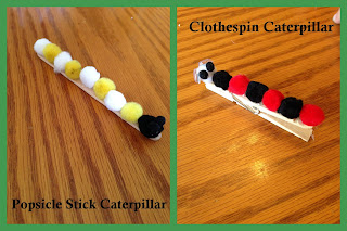 Caterpillar Crafts: Popsicle stick caterpillar and clothespin caterpillar