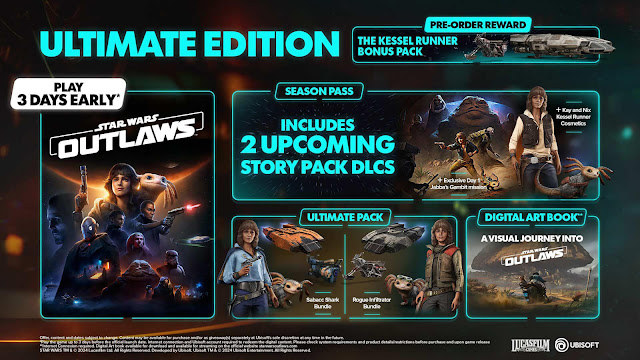 star wars outlaws ultimate edition contents story pack dlc 3-days early access digital art book sabacc shark bundle rogue infiltrator jabba's gambit mission kessel runner cosmetics release date sw story trailer reveal august 30, 2024 pc playstation ps5 xbox series x/s xsx upcoming action-adventure game massive entertainment ubisoft lucasfilm games kay vess nix outer rim