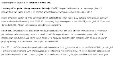 KWSP Isytihar Dividen 6.15 Peratus Untuk 2012