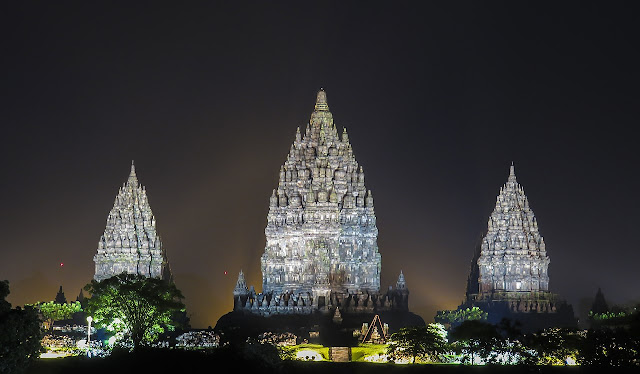 The main three towers of the 9th century Prambanan Trimurti temple complex, the largest Hindu temple site in Indonesia