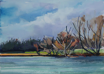 Watercolor and gouach painting of the lake behind the erie county botanical gardens