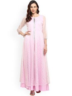 Ahalyaa Women Pink & Silver-Toned Embellished A-Line Kurta