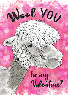 Illustration of an Alpaca with the words "Wool you be my Valentine?"