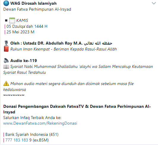 Audio ke-119 Syariat Nabi Muhammad Shallallahu 'alayhi wa Sallam Mencakup Keutamaan Syariat Rasul Terdahulu