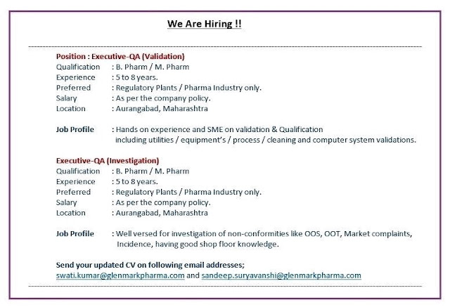 Job Availables, Glenmark Pharmaceuticals Aurangabad Job Vacancy For QA- Validations/ Investigation