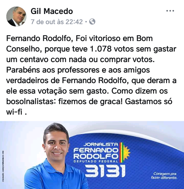 JORNALISTA FERNANDO RODOLFO TEVE MAIS DE MIL VOTOS EM BOM CONSELHO, FOI ELEITO DEPUTADO FEDERAL DE PERNAMBUCO