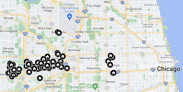 black circles with white house icons, Google map image of Sears houses located in some towns of Chicagoland area